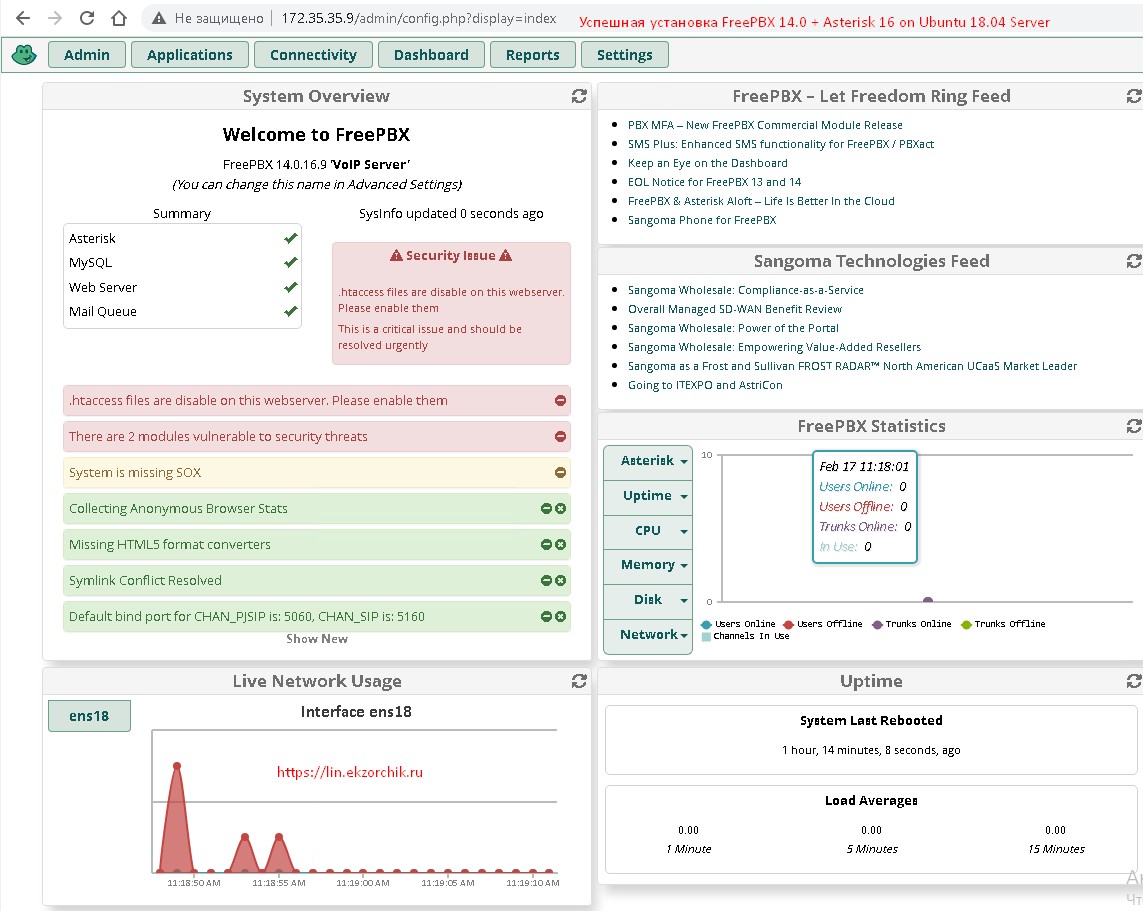 Все ошибки поправлены, так выглядит панель FreePBX