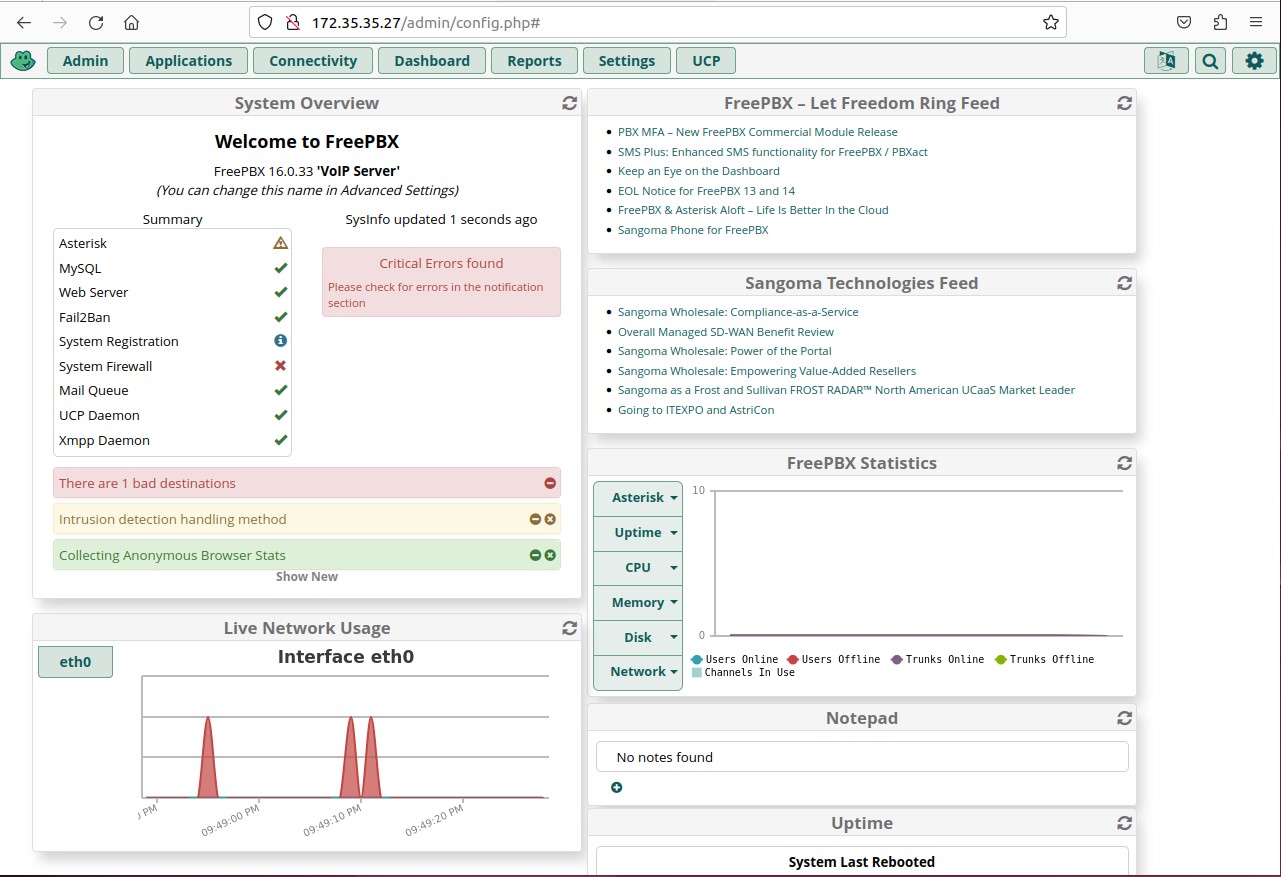 Главный Web-интерфейс настройки АТС на базе FreePBX